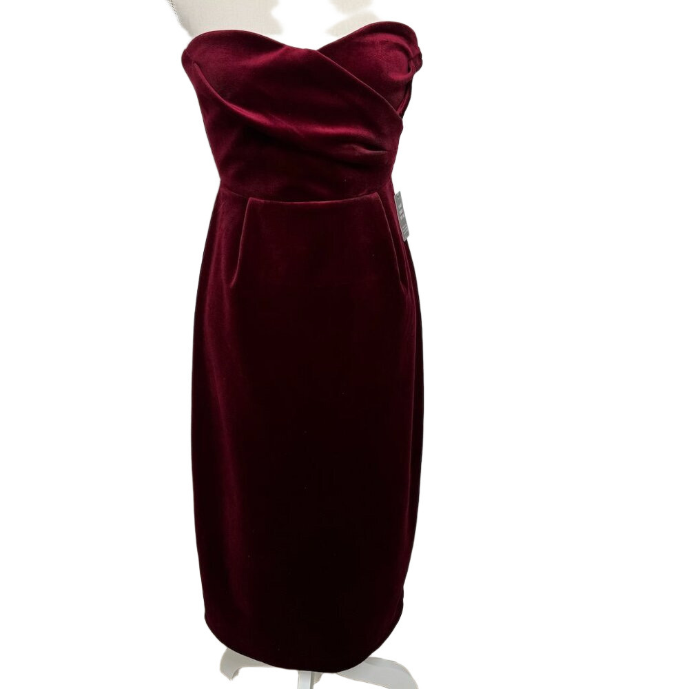 EXPRESS RUBY RED VELVET STRAPLESS MIDI DRESS SZ SM